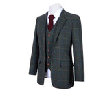 DARK GREEN OVERCHECK PLAID TWEED 3 PIECE SUIT