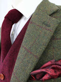 OLIVE GREEN OVERCHECK PLAID TWEED 3 PIECE SUIT