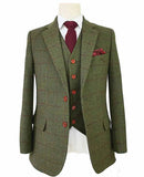 OLIVE GREEN OVERCHECK PLAID TWEED 3 PIECE SUIT