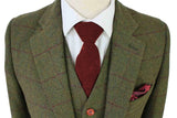 OLIVE GREEN OVERCHECK PLAID TWEED 3 PIECE SUIT